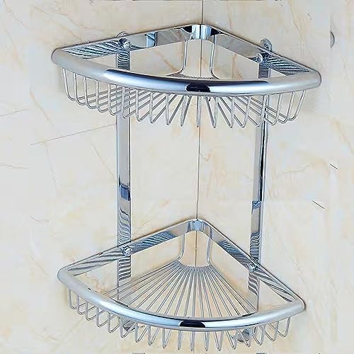 Dreieckiges Eck-Badregal – dreistöckiger Doppel-Mesh-Korb, Chrom, fächerförmige Wandaufbewahrung mit Haken für platzsparende Nisierung und einfachen Zugang