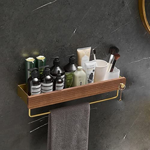 Schwebendes Duschregal – Walnussholz-Badezimmer-Or ganizer mit gebürsteten goldfarbenen Beschlägen – Handtuch- und Shampoo-Regal – stilvolles Küchen-Gewürzregal (30 cm)