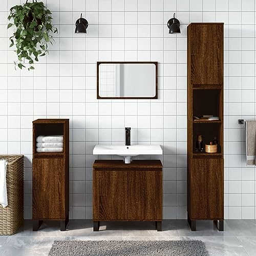 Homgoday Badschrank mit viel Stauraum Badezimmerschrank Aufbewahrungsschrank Badezimmer Badregal Badmöbel Schrank für Bad Wohnzimmer Flur 58x33x60 cm Braun Eichen-Optik Holzwerkstoff