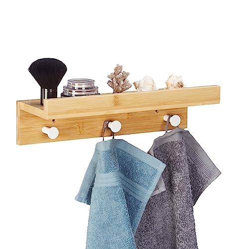 Relaxdays Wandregal mit Hakenleiste, Bambus, HBT: 10 x 36 x 12 cm, Handtuchhalter Bad, Garderobe Flur, 3 Haken, Natur