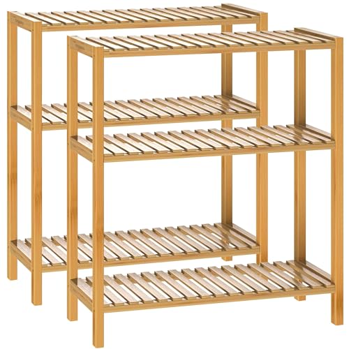 Casaria® 2X Badezimmer Regal Stehend Bambus Holz 3 Ablagen 30kg Belastbarkeit Badregal Schmal Küche Flur Büro Beistellregal Holzregal Klarlack 58x26cm