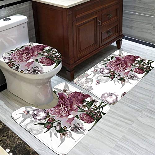 Badezimmermatten und Teppiche Lilane Blumen 3-teiliges Badteppich-Set Toilettensitzbezug und -vorleger, Badezimmer-Garnitur, U-förmiger Teppich, Matte, W,45x75 cm