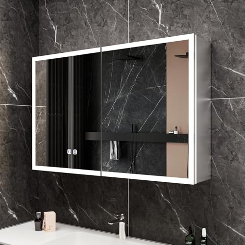 Gunuss Spiegelschrank Bad mit Beleuchtung 80x60 – LED Badspiegel mit Ablage, Steckdose, Antibeschlag, Touch-Schalter – Wandmontage für modernes Badezimmer