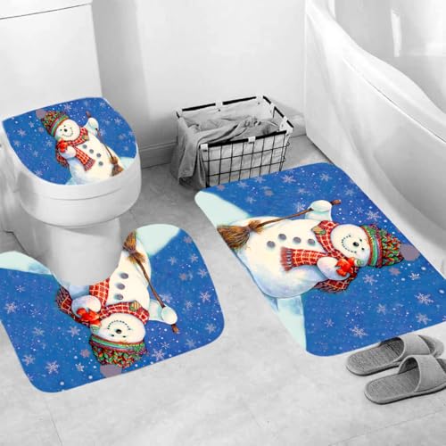 3-Teilige Badezimmer Garnitur Weihnachts Schneemann rutschfeste & Waschbare Badematte Mit U-Ausschnitt, Toiletten-Vorleger, Saugstark 45X75Cm