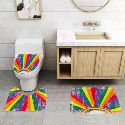EMCLKS Badezimmermatten 3 Stück rutschfeste Badematte Teppiche, Badezimmer-Garnitur,U-fö rmiger Teppich,Vintage-Regenboge nvorhänge Werden verwittert und sehen farbenfroh aus,Waschbar Matte