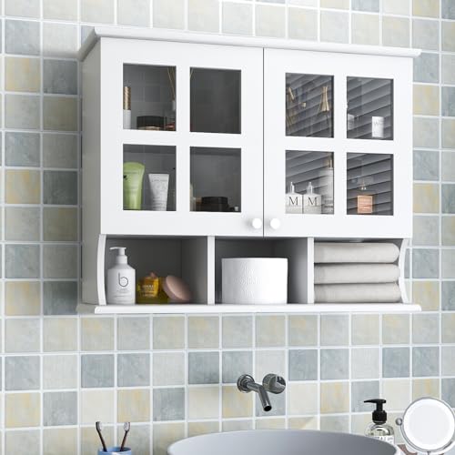 GIANTEX Badezimmerschrank hängend Holz, Hängeschrank Bad mit Glastüren, Badschrank Wandschrank mit Regal & 3 offenen Fächern, Badhängeschrank für Badezimmer Küche, 75 × 28 × 60 cm, weiß