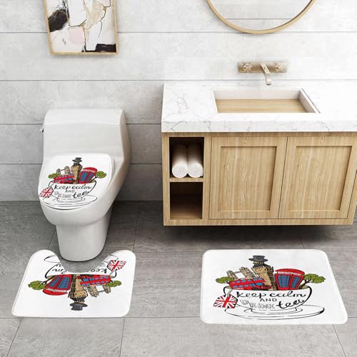 EMCLKS Badezimmermatten 3 Stück rutschfeste Badematte Teppiche, Badezimmer-Garnitur,U-fö rmiger Teppich,Tea Party, Großnnien und Londoner Kult,Waschbar Matte