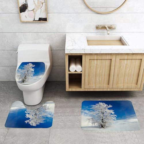 EMCLKS Badezimmermatten 3 Stück rutschfeste Badematte Teppiche, Badezimmer-Garnitur,U-fö rmiger Teppich,Winter, einsamer Baum auf verschneiten La,Waschbar Matte