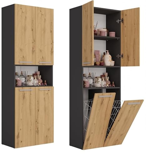 BDW Badezimmerschrank, 2- Wäschekorb, 2 - Türen 174 x 60 x 30cm Unterschrank, Waschbeckenunterschrank, Hochschrank, Badmöbel, Bad-Hochschrank, Badregal (Anthrazit/Artisan-Eiche)