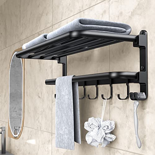 Handtuchhalter aus Aluminium, 56.5cm Wandmontage Badetuch Regal mit 7 Haken, bohrbar oder ohne Bohren Badetuchhalter, matt schwarz Handtuchstangen