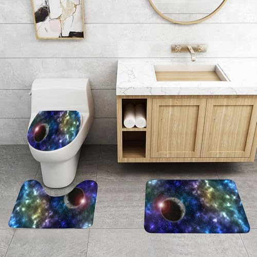 EMCLKS Badezimmermatten 3 Stück rutschfeste Badematte Teppiche, Badezimmer Garnitur,U fö rmiger Teppich,Weltraumplaneten und Sterne,Waschbar Matte
