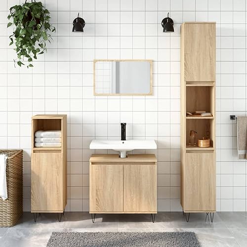 Homgoday Badschrank mit viel Stauraum Badezimmerschrank Aufbewahrungsschrank Schrank Badregal Badmöbel für Bad Wohnzimmer Badezimmer Sonoma-Eiche 58x33x60 cm Holzwerkstoff