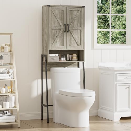 BonVache Toilettenregal mit 2 Türen, Badezimmerregal mit Schrank und Offene Fächer, Regalen für kleine Waschmaschinen, Toilettenschrank für Badezimmer, 171x59.6x25.3cm, Grau