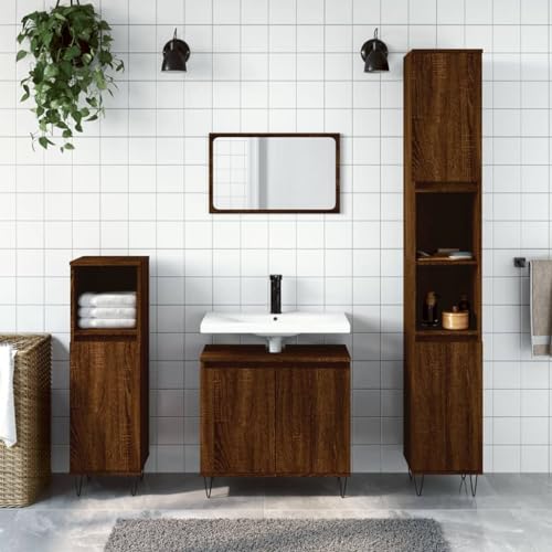Vopese Badschrank mit viel Stauraum Badezimmerschrank Aufbewahrungsschrank Badezimmer Badregal Badmöbel Schrank für Bad Braun Eichen-Optik Holzwerkstoff 58x33x60 cm