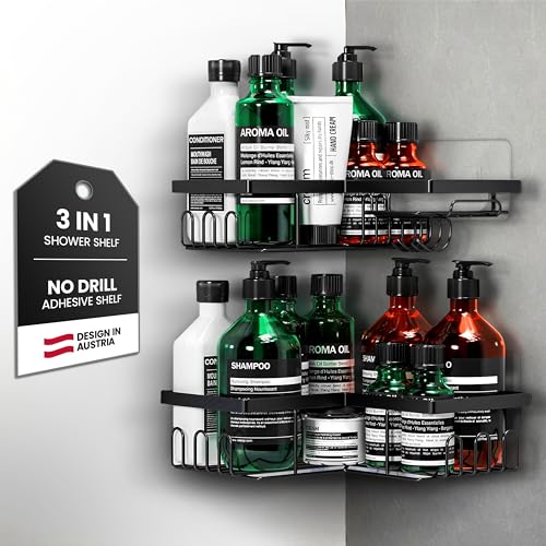 W&S Duschablage Ecke ohne Bohren 2er Set - Eckregal Dusche Bad-Ablage Edelstahl, Duschregal Rostfrei | Bad-Regal, Shower Caddy, Badezimmer Organizer, Dusch-Korb & Sticker, Shampoo Halterung Schwarz