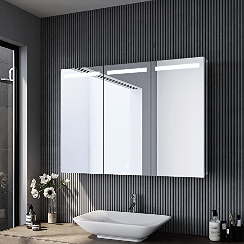SONNI Spiegelschrank Bad mit Beleuchtung 90 x 65 cm Edelstahl Badezimmer-Spiegelschrank mit Steckdose und Touch 3 türig LED Badpiegelschrank
