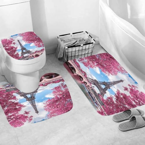 3-Teilige Badezimmer Garnitur Der Sakura Tower rutschfeste Badematte Mit U-Ausschnitt Toilettenvorleger Waschbar Saugstark 50×80Cm