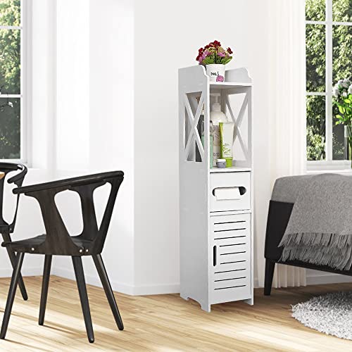 XDAILUYYDS Badezimmer-Hochschrank, Badregal, Badschrank Schmal, Toilettenschrank für Kleinen Raum 20 * 20 * 80cm, Aufbewahrungsschrank für Badezimmer & Gäste-WC. (Weiß)