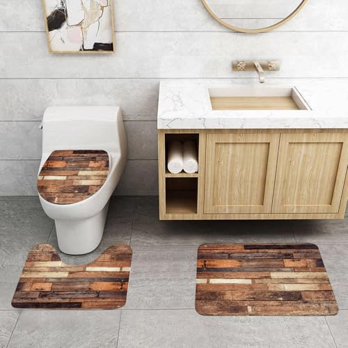 EMCLKS Badezimmermatten 3 Stück rutschfeste Badematte Teppiche, Badezimmer-Garnitur,U-fö rmiger Teppich,HOLZHINTERGRUND und Tisch für Dekor Naturholz (1),Waschbar Matte