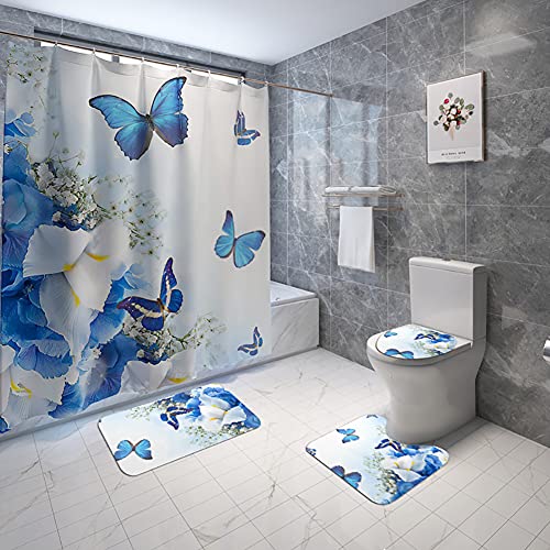 WSND Badezimmergarnituren mit Duschvorhang, rutschfeste Teppiche, Toilettendeckelabdeckung und Badematte 4 Stück Wasserdicht Blaue Schmetterlinge Badezimmerdeko mit Haken