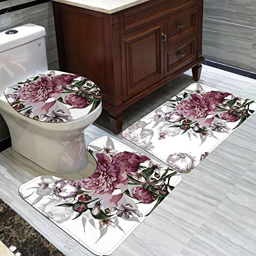 FGHJSF Badezimmermatten und Teppiche Lilane Blumen 3-teiliges Badteppich-Set Toilettensitzbezug und -vorleger, Badezimmer-Garnitur, U-förmiger Teppich, Matte