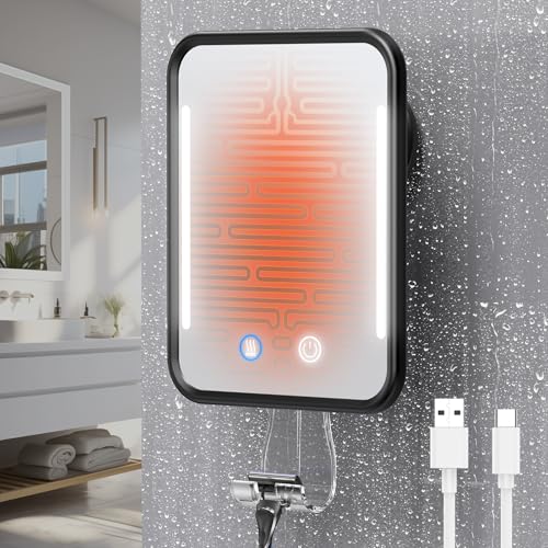 Gospire Beheizter Duschspiegel Fogless für die Rasur, 5000mAh Wiederaufladbarer Beleuchteter Dusch-Rasierspiegel mit Rasiermesserhalter, Abnehmbar & NO-Drilling, Badspiegel mit Saugnapf (Schwarz)