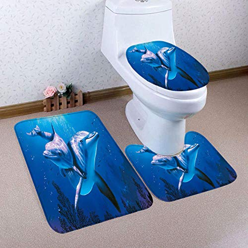 FGHJSF Badezimmermatten und Teppiche Blauer Delfin 3-teiliges Badteppich-Set Toilettensitzbezug und -vorleger, Badezimmer-Garnitur, U-förmiger Teppich, Matte