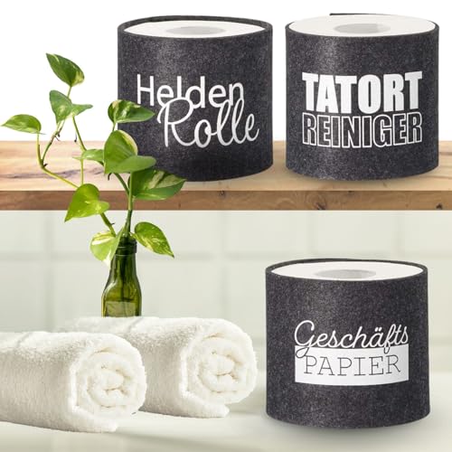 Bada Bing 3er Set Filz Toilettenpapier Banderole mit lustigen Sprüchen in ANTHRAZIT - Klorollenverstecker originelles Geschenk - Hülle als Aufbewahrung für Klopapier - Klorollenhalter Deko Badezimmer
