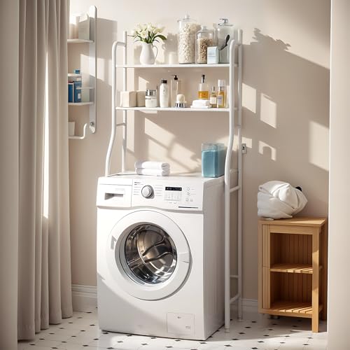 acfeco Waschmaschinen Regal mit 2 Ablagen, Waschmaschinenregal Metall, Regal über Waschmaschine Toilette, Badregal Platzsparender Großem Fassungsvermögen(Weiß)