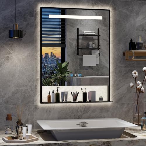 YU YUSING Badspiegel LED mit Abnehmbarer Ablage 60x80cm, Badezimmerspiegel mit Beleuchtung Aluminiumrahmen, Wandspiegel mit Touch-Schalter, 3 Einstellbare Lichtfarben, Anti-Beschlag, Wasserdicht