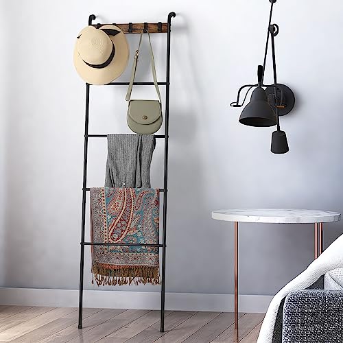 Freistehende Handtuchleiter, Handtuchständer mit 5 Ebenen aus Metall, Leiterregal Handtuchhalter mit 5 Haken für Badetücher Kleidung Decken, Anlehnregal Kleiderständer für Bad Schlafzimmer, Schwarz