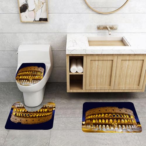 EMCLKS Badezimmermatten 3 Stück rutschfeste Badematte Teppiche, Badezimmer-Garnitur,U-fö rmiger Teppich,Das Kolosseum bei Nacht, Rom, Italien,Waschbar Matte