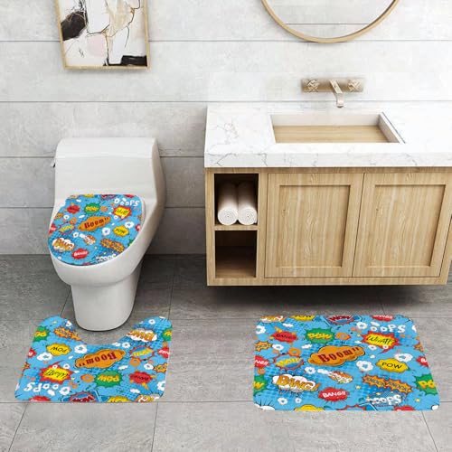 EMCLKS Badezimmermatten 3 Stück rutschfeste Badematte Teppiche, Badezimmer-Garnitur,U-fö rmiger Teppich,Vektorgrafik Comic-Boom-Explosion,Wasc hbar Matte