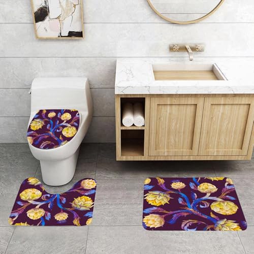 EMCLKS Badezimmermatten 3 Stück rutschfeste Badematte Teppiche, Badezimmer-Garnitur,U-fö rmiger Teppich,Aquarellmuster im modernen Stil stilisierte Artischocke gelb violett und blau flo,Waschbar Matte