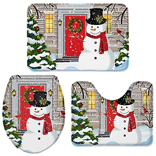 Badezimmer Vorleger 3-Teiliges Weihnachten Schneemann Weihnachtsbaum Badteppich Set 3-Teilig Weiches U-Förmiger Teppich Saugfähiges Badezimmer-Garnitur Für Badewanne Schlafzimmer Dusche