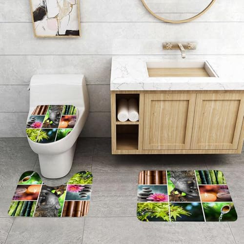 EMCLKS Badezimmermatten 3 Stück rutschfeste Badematte Teppiche, Badezimmer-Garnitur,U-fö rmiger Teppich,Ruhe der Buddha-Natur,Waschbar Matte