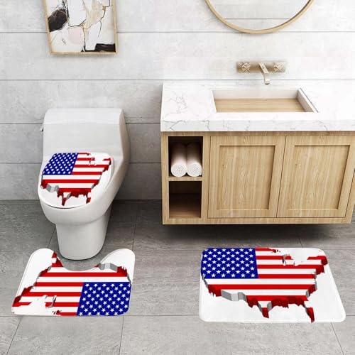 EMCLKS Badezimmermatten 3 Stück rutschfeste Badematte Teppiche, Badezimmer-Garnitur,U-fö rmiger Teppich,Vereinigte Staaten von Amerika, Amerikanischer Kontinent mit Vorhängen,Waschbar Matte