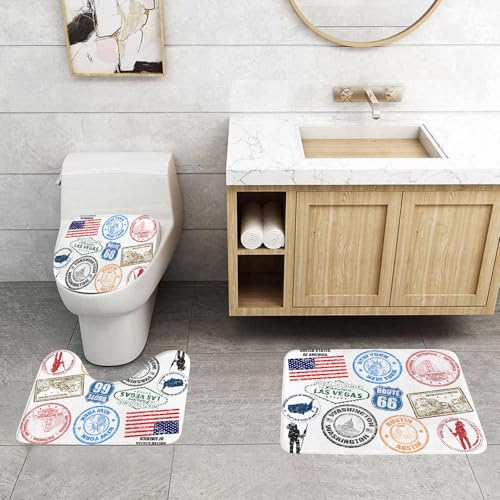 EMCLKS Badezimmermatten 3 Stück rutschfeste Badematte Teppiche, Badezimmer-Garnitur,U-fö rmiger Teppich,USA, Grunge-Briefmarken aus Amerika Las Vegas New York San Francisco Hawaii Illus,Waschbar Matte