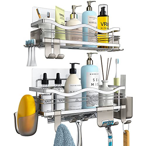 OETAMS Duschablage Ohne Bohren 2 Stück Badezimmer Regal Selbstklebend Duschregal Edelstahl Dusche Aufbewahrung Wand Duschkörbe Ablagen Shampoo Halterung Badregal mit 10 Haken Silber