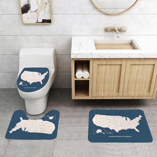 EMCLKS Badezimmermatten 3 Stück rutschfeste Badematte Teppiche, Badezimmer-Garnitur,U-fö rmiger Teppich,USA-Karte MIT LÄNDERNAMEN VEREINIGTE Staaten VON Amerika Karte US-Karte flach,Waschbar Matte