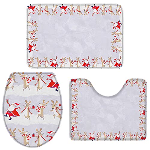 Badteppich Set 3-Teilig Weihnachtsmann Und Elch-Illustration Badezimmer Vorleger 3-Teiliges Atmungsaktivem Badezimmer-Garnitur Weiches U-Förmiger Teppich Für Wc-Deckelbezug Dusche Badewanne