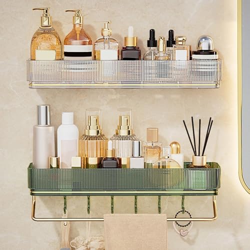 Gdfnmogo Badezimmer-Regal für Handtücher mit Haken, kein Bohren, verstellbare Wandhalterung, verbesserte Aluminiumstange, abnehmbar und waschbar, Platz (grün)