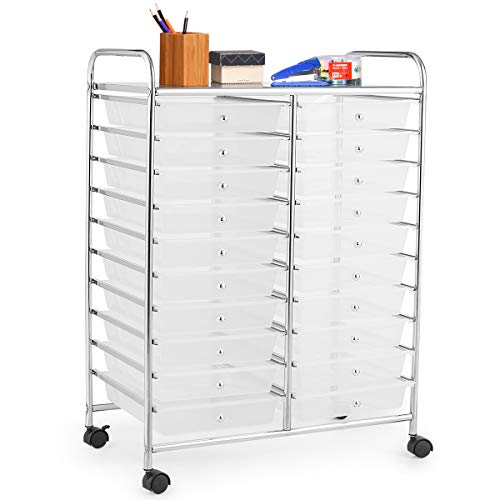COSTWAY Rollwagen mit 20 stapelbaren Schubladen, Schubladenwagen, Rollcontainer mit Metallgestell und Ablagefläche, Badrollwagen Beistellwagen für Büro, Wohnzimmer (Transparent)