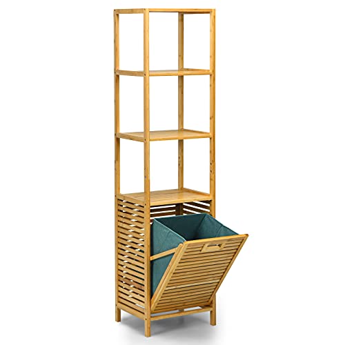 LIFEZEAL Hochschrank Bambus, Badregal mit Wäschekorb, Badschrank mit 3 offenen Fächer, Badezimmerregal 160cm hoch, Freistehender Hochschrank für Badezimmer, kleine Räume, Natur