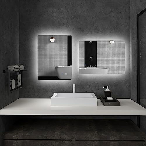 kleankin Badspiegel mit Beleuchtung 70 x 50 cm Rechteckiger LED Spiegel Wandspiegel mit Touchschalter, Memory-Funktion Lichtspiegel Beschlagfrei mit 3 Lichtfarben Weiß+Transparent