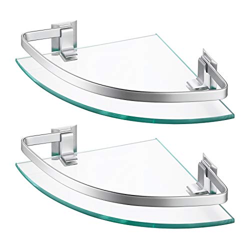 KES Glasregal Eckregal Badregal Glas Duschablage zum Hängen 8mm Badezimmer Wandregal Dusche Glas Ablage Wandmontage Ecke 2 Stück Organizer Aluminium Silber, A4120A-P2