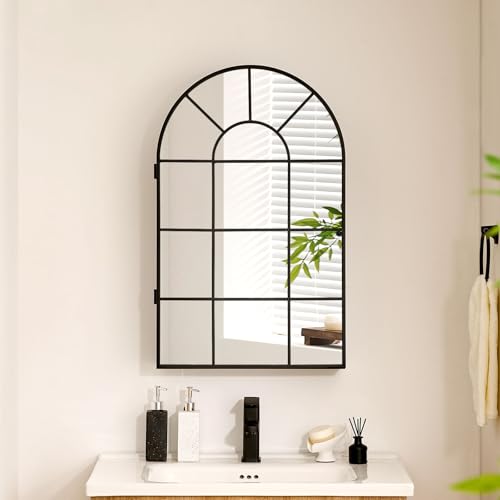 CLIPOP Badezimmer Spiegelschrank mit Einer Tür, 50 x 80 cm, gebogener Wandschrank mit schwarzem Metallrahmen, moderner Wandschrank mit Spiegeltür und 2 Ablagen für Badezimmer und Hotelzimmer