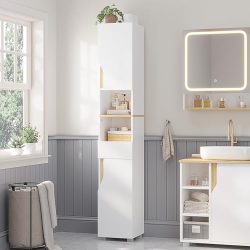 FORABAMB Badezimmerschrank, Hochschrank Badezimmer mit Schublade, verstellbare Ablagen, 2 offenen Fächern, platzsparender Badschrank, Badmöbel, für Wohnzimmer, Küche und Bad, Weiß, 30 x 30 x 180 cm