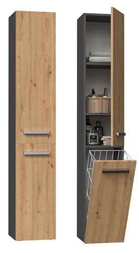 BDW - Badezimmer Schrank Hochschrank - Hoher Badschrank mit Wäschekorb - 174 x 31 x 30 cm - Wahl der Türöffnungsseite - Anthrazit/Eiche Artisan