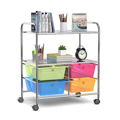 GOPLUS Rollwagen mit 4 Schubladen, Rollregal Farbewahl, Küchenwagen mit Rädern, Beistellwagen Haushaltswagen Rollcontainer Badrollwagen Badtrolley Badregal (Bunt2)